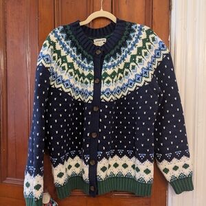 Lands' End Navy and Green Patterned Cardigan